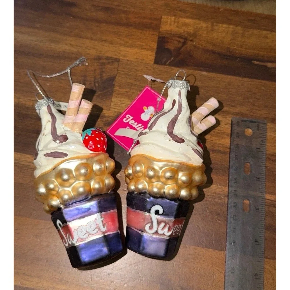 Festive Fun Ice Cream Sweet Cup Ornament Set Of 2 Strawberries Christmas xmas